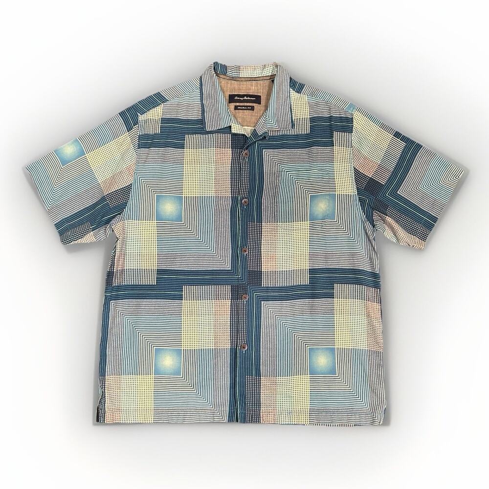 Tommy Bahama 100% Silk Camp Shirt Mens Large Short Sleeve Vacation Blue